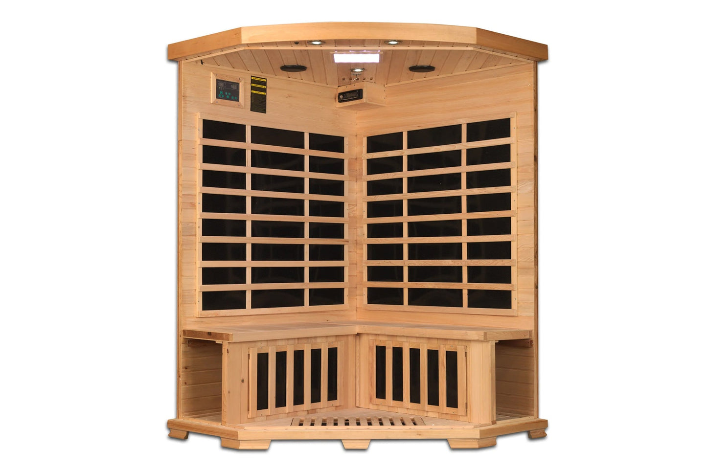 Pro 6 Rebecca 3-Person Corner Far Infrared Sauna — interior view showing carbon heater panels on back walls, ceiling speakers, control panel, and hemlock wood bench seating