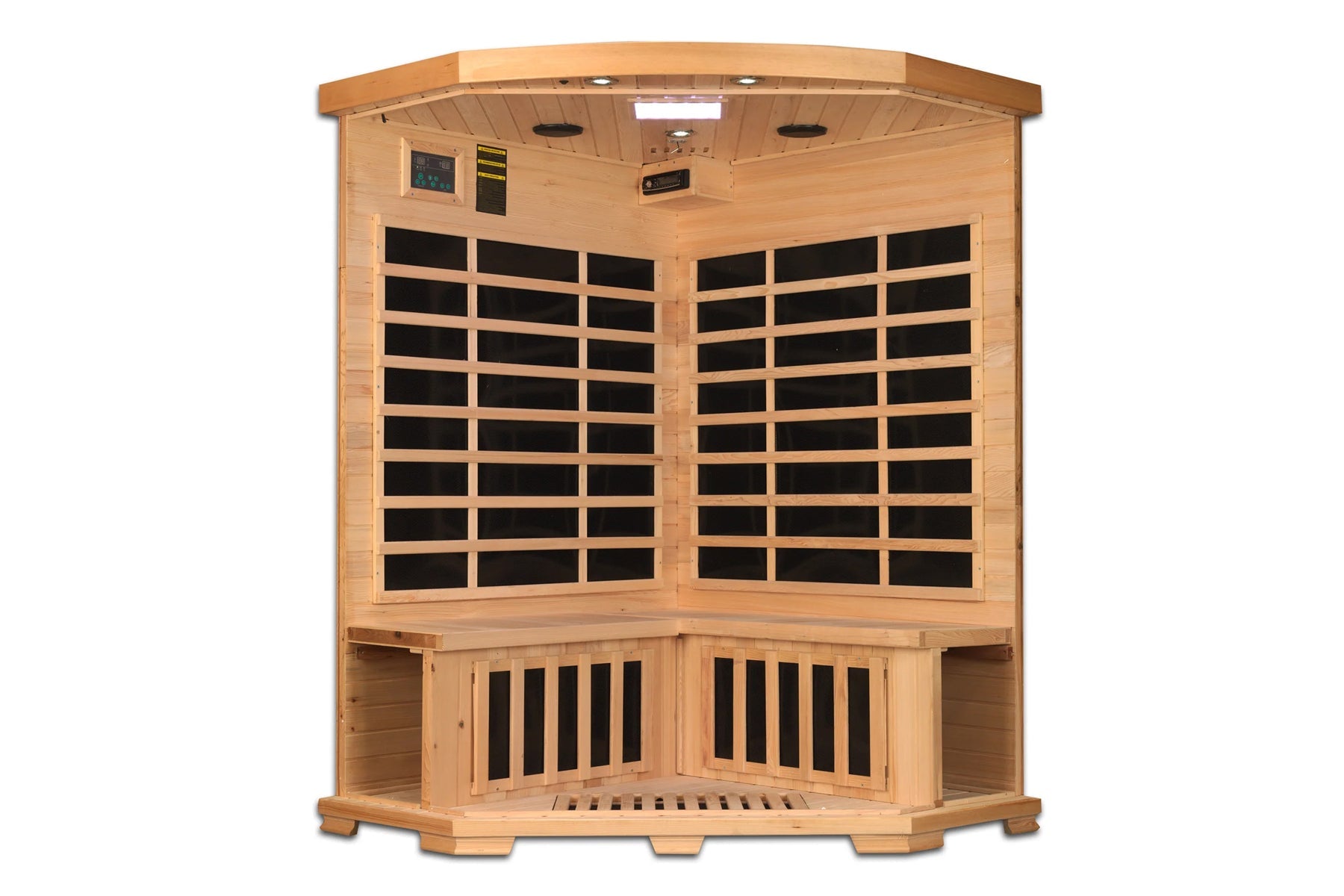 Pro 6 Rebecca 3-Person Corner Far Infrared Sauna — interior view showing carbon heater panels on back walls, ceiling speakers, control panel, and hemlock wood bench seating
