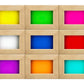 Pro 6 Rebecca 3-Person Corner Sauna chromotherapy lighting options showing 9 colors — yellow, green, pink, white, blue, red, purple, orange, and teal