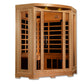Natural wood corner infrared sauna with glass door and window panels, interior heaters visible, LED lighting at top on white 