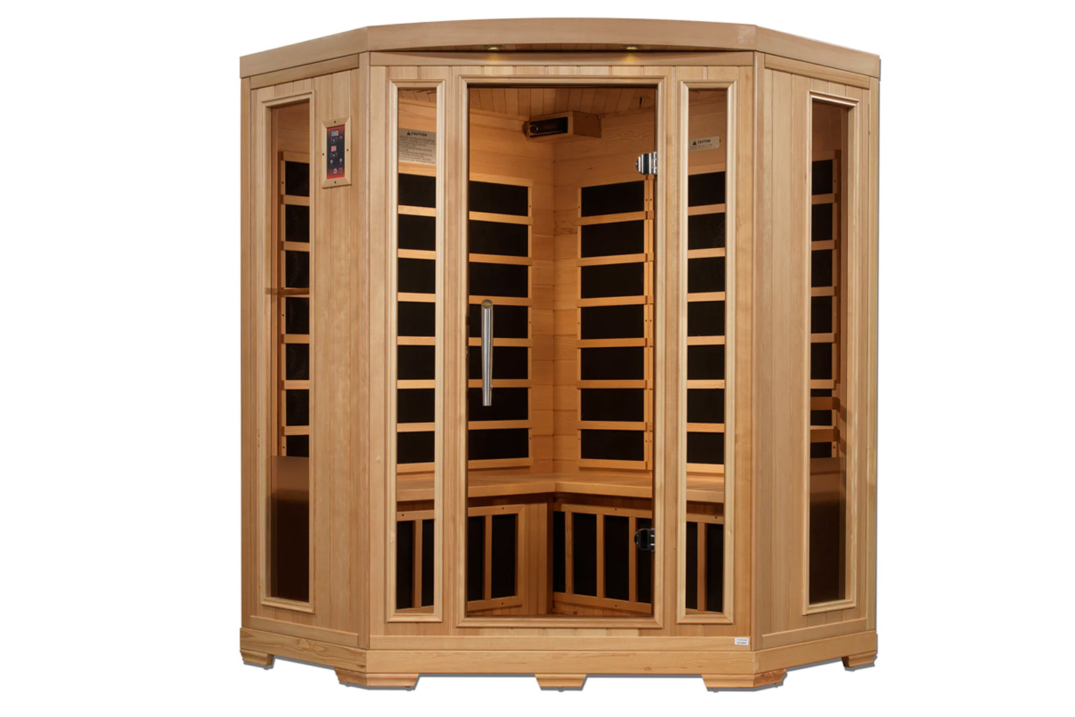 Natural wood corner infrared sauna with glass doors, wooden benches, and black heating elements visible inside, on white back
