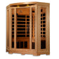 Three-person corner infrared sauna with light wood cedar exterior, glass doors and windows, control panel, and overhead light