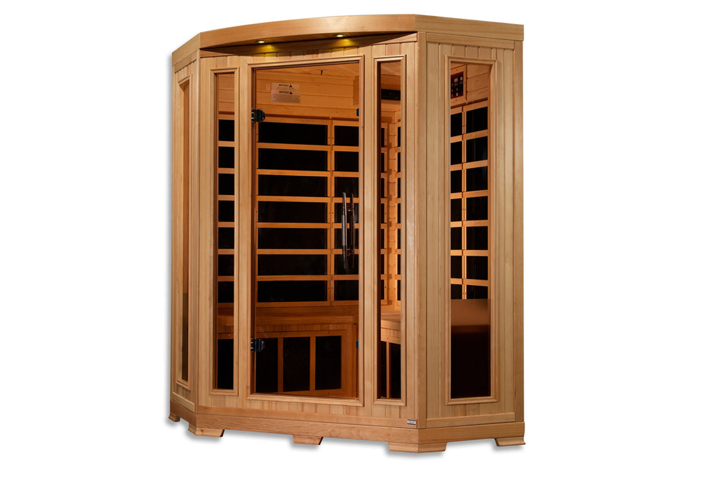 Three-person corner infrared sauna with light wood cedar exterior, glass doors and windows, control panel, and overhead light