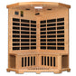 Cedar corner sauna with black glass windows, curved wooden roof, and control panel, viewed from front corner on white backgro