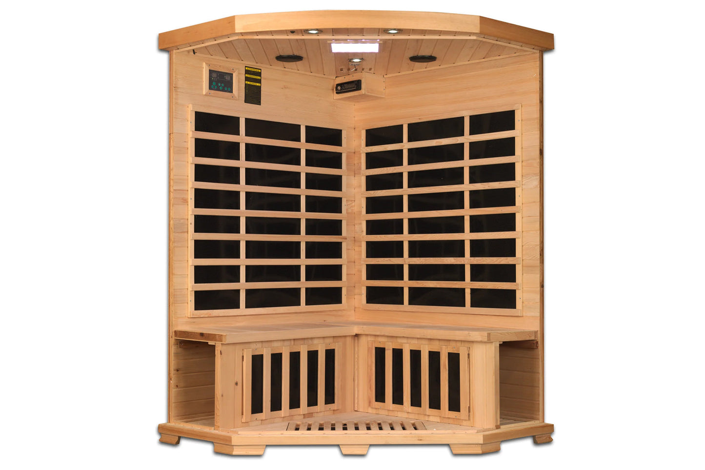 Cedar corner sauna with black glass windows, curved wooden roof, and control panel, viewed from front corner on white backgro