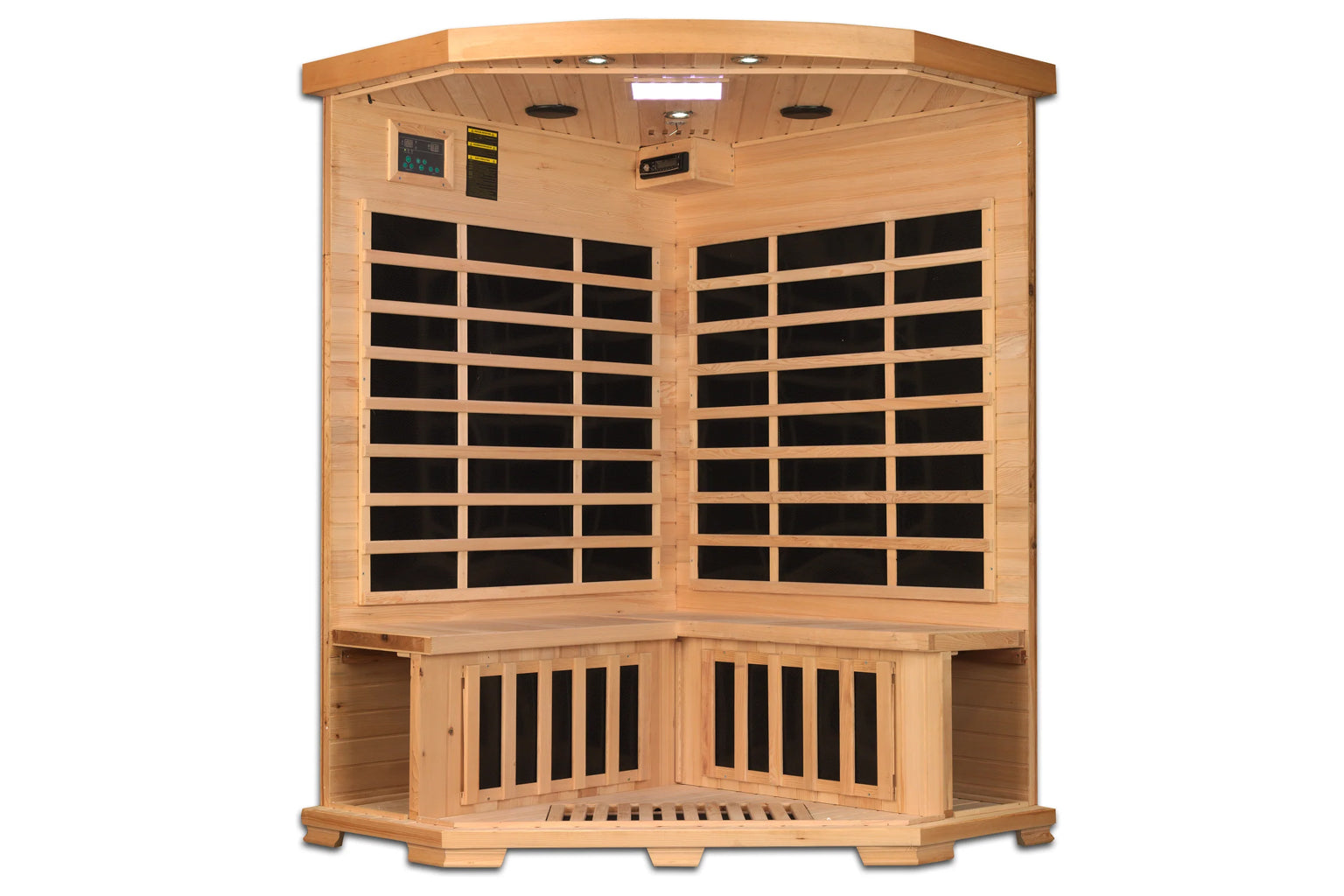 Cedar corner sauna with black glass windows, curved wooden roof, and control panel, viewed from front corner on white backgro