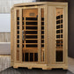 Natural wood corner infrared sauna with glass doors, wooden bench seating, and horizontal heating elements visible inside
