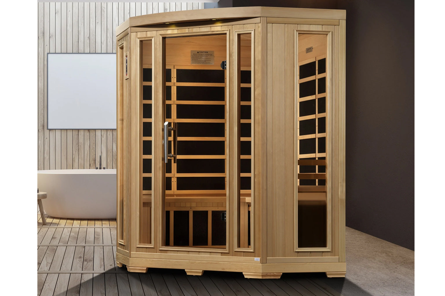 Natural wood corner infrared sauna with glass doors, wooden bench seating, and horizontal heating elements visible inside