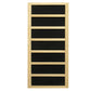 Natural wood framed sauna with seven black interior panels separated by light wood dividers on white background