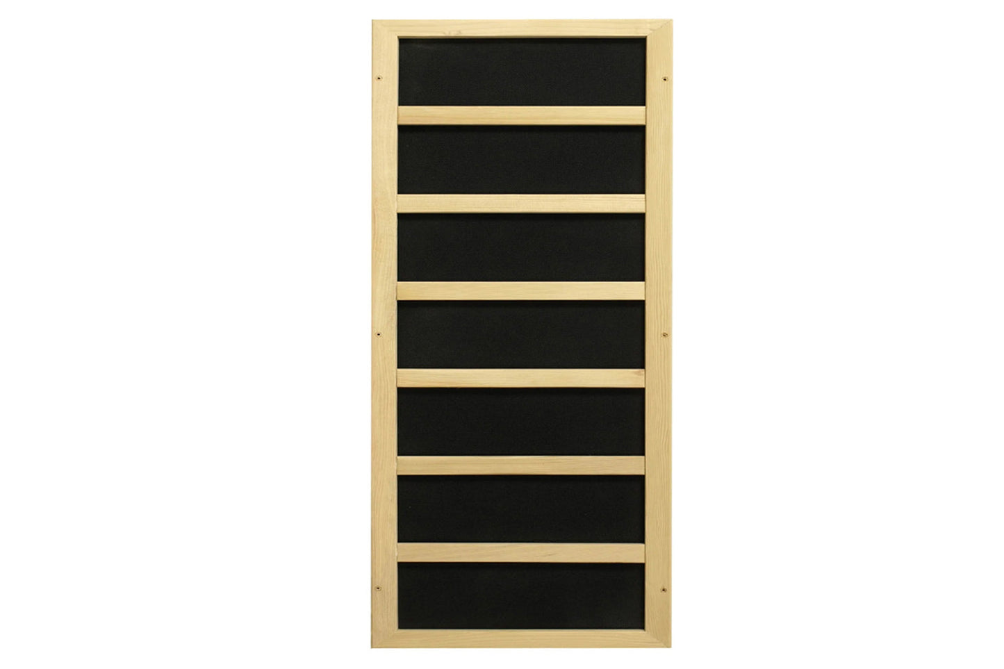 Natural wood framed sauna with seven black interior panels separated by light wood dividers on white background