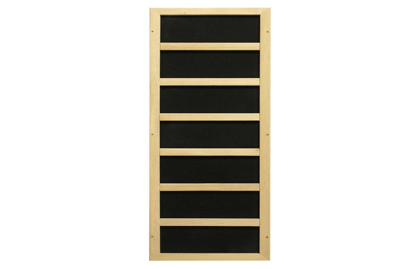 Natural wood framed sauna with seven black interior panels separated by light wood dividers on white background