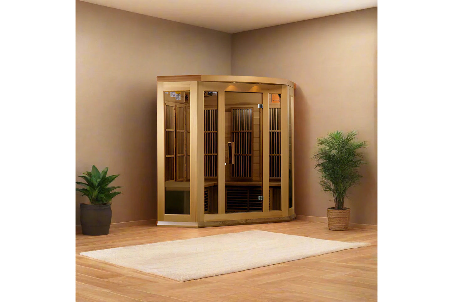 Light wood corner infrared sauna with glass front doors and vertical wood slats inside, displayed in room setting with potted