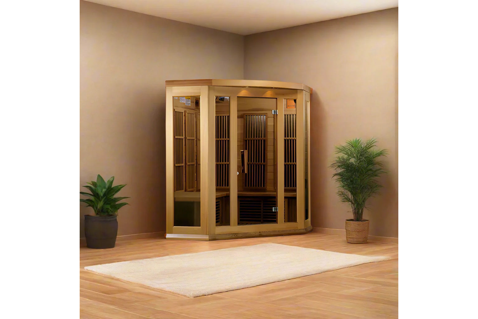 Light wood corner infrared sauna with glass front doors and vertical wood slats inside, displayed in room setting with potted