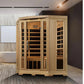 Pro 6 Rebecca 3-Person Corner Far Infrared Sauna displayed in a modern bathroom setting with wood floors and freestanding bathtub