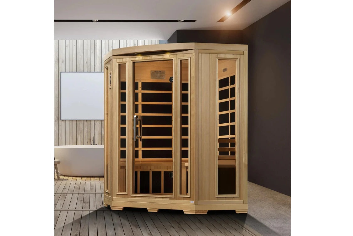 Pro 6 Rebecca 3-Person Corner Far Infrared Sauna displayed in a modern bathroom setting with wood floors and freestanding bathtub