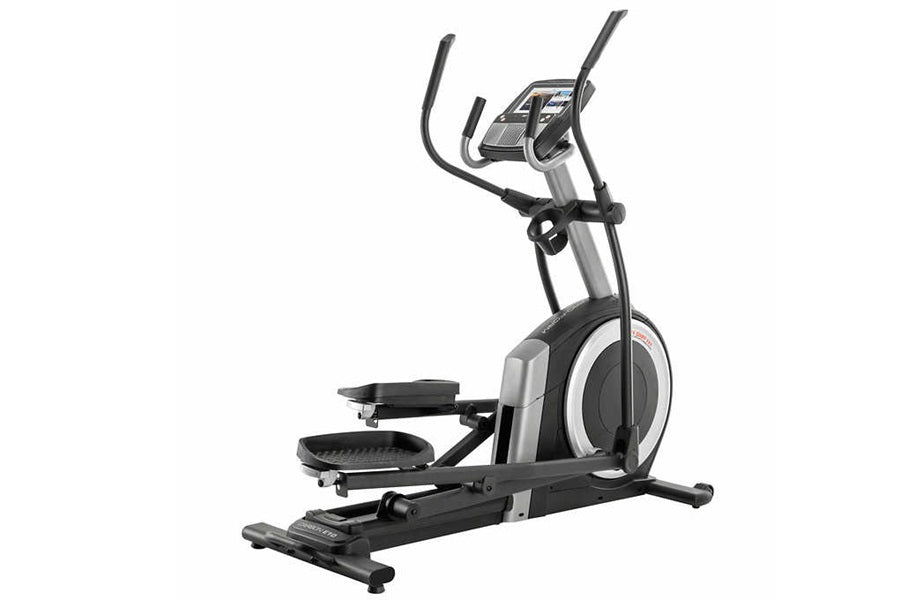 ProForm Carbon E10 elliptical machine with black pedals, silver frame, and digital console on white background