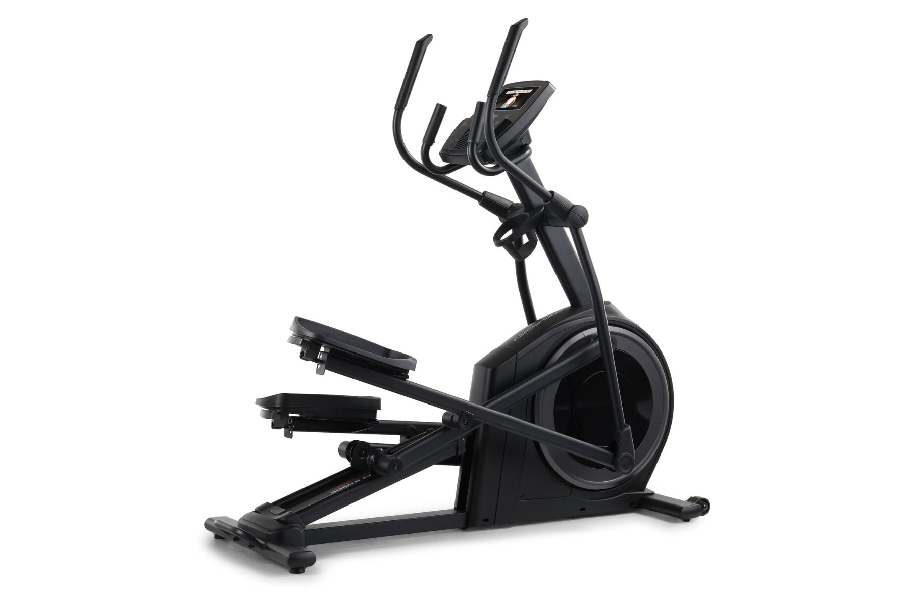 Black elliptical machine with dual handles, foot pedals, and digital display console on white background