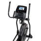 Black ProForm Carbon E7 elliptical machine with digital display screen, dual handles, and foot pedals on white background