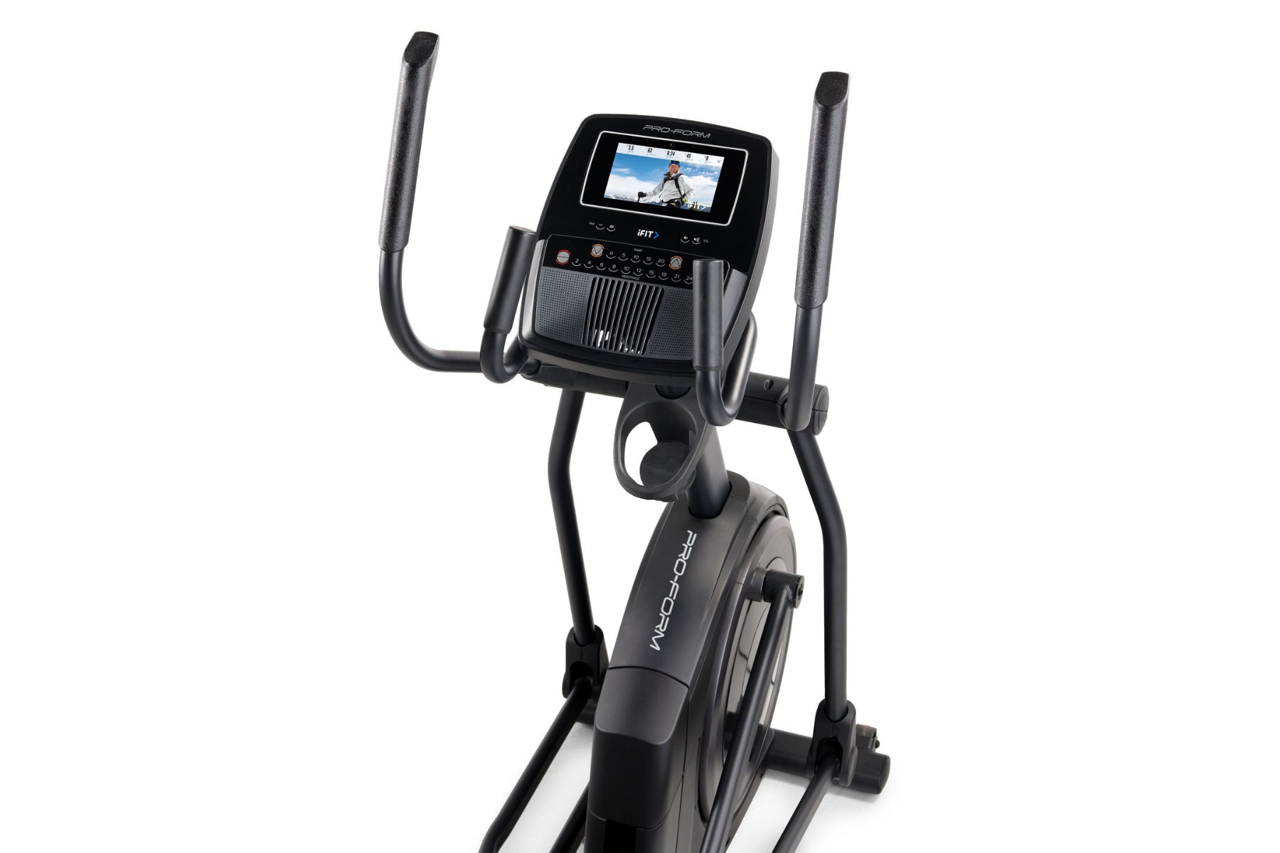 Black ProForm Carbon E7 elliptical machine with digital display screen, dual handles, and foot pedals on white background