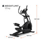 Black elliptical machine with curved handles, foot pedals, and digital display, 125 kg weight limit, dimensions shown on whit