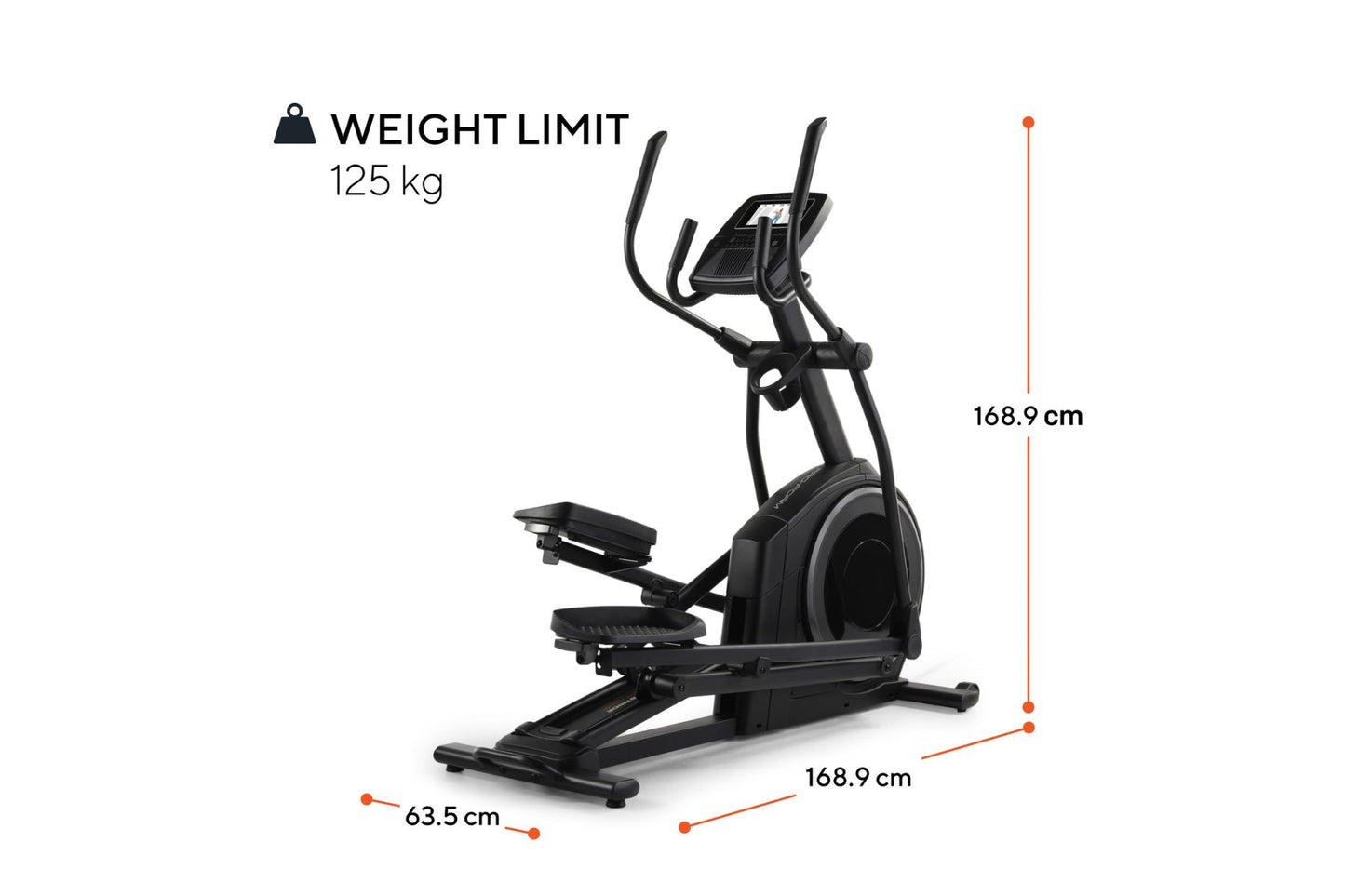 Black elliptical machine with curved handles, foot pedals, and digital display, 125 kg weight limit, dimensions shown on whit
