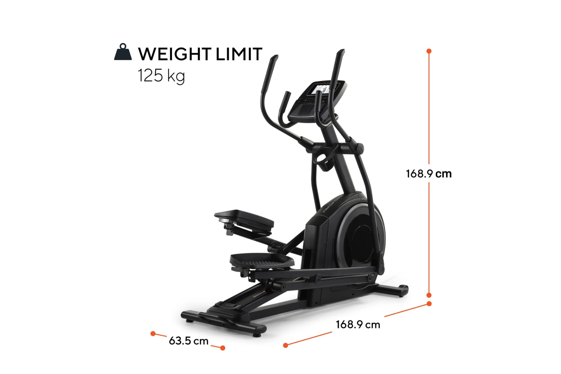 Black elliptical machine with curved handles, foot pedals, and digital display, 125 kg weight limit, dimensions shown on whit