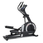 Black and silver elliptical machine with blue accents, curved handles, and foot pedals on white background