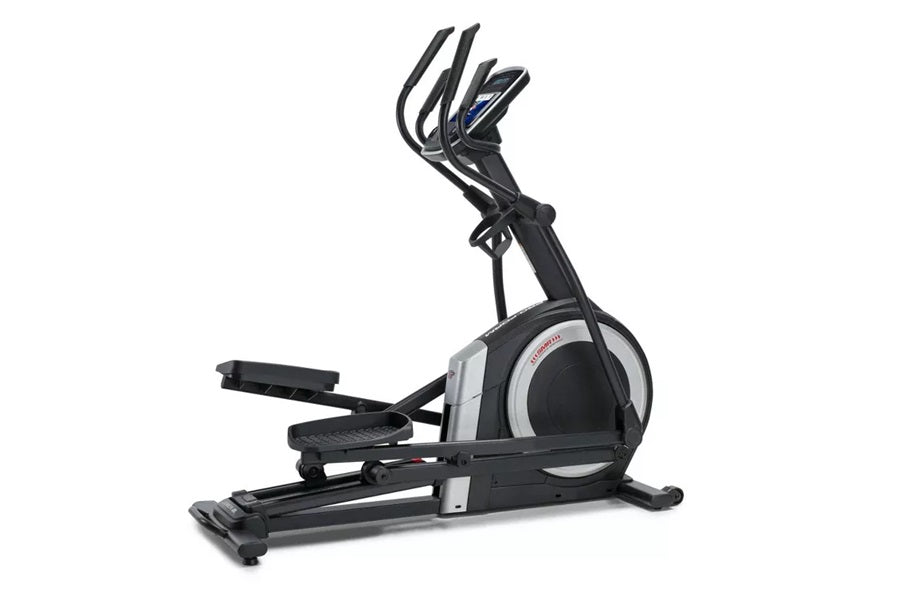 Black and silver elliptical machine with blue accents, curved handles, and foot pedals on white background
