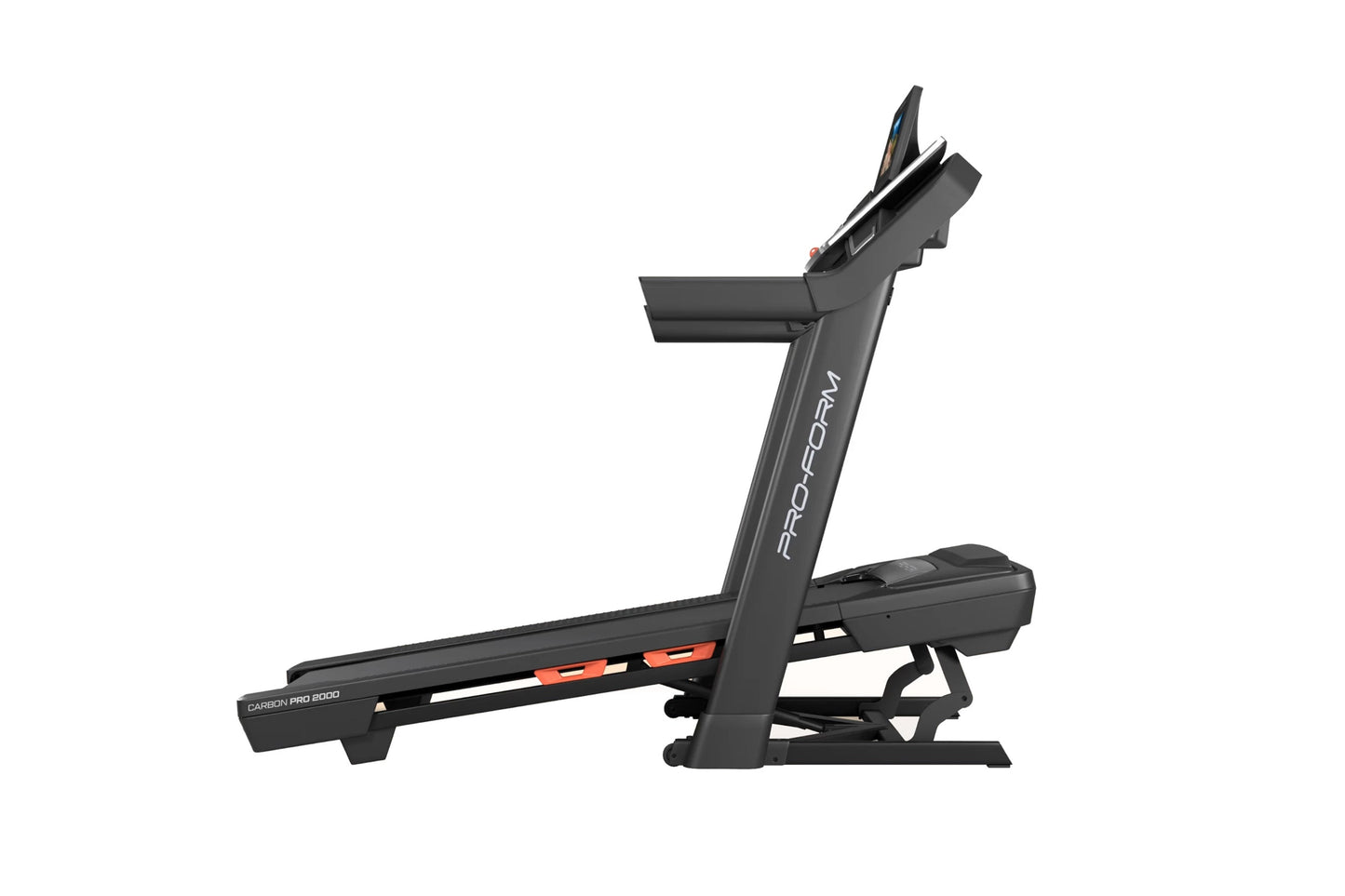 ProForm Carbon Pro 2000 black treadmill with orange accents and digital display, shown from the side on white background