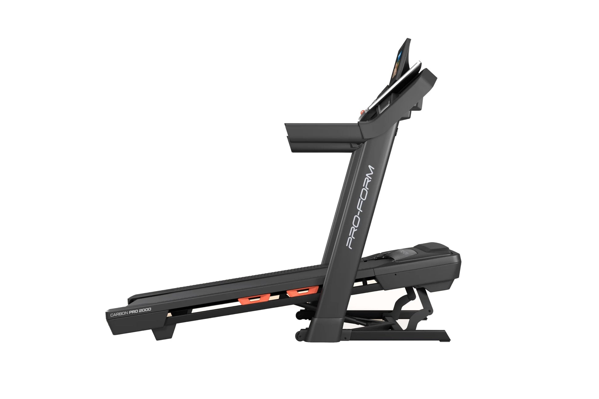 ProForm Carbon Pro 2000 black treadmill with orange accents and digital display, shown from the side on white background
