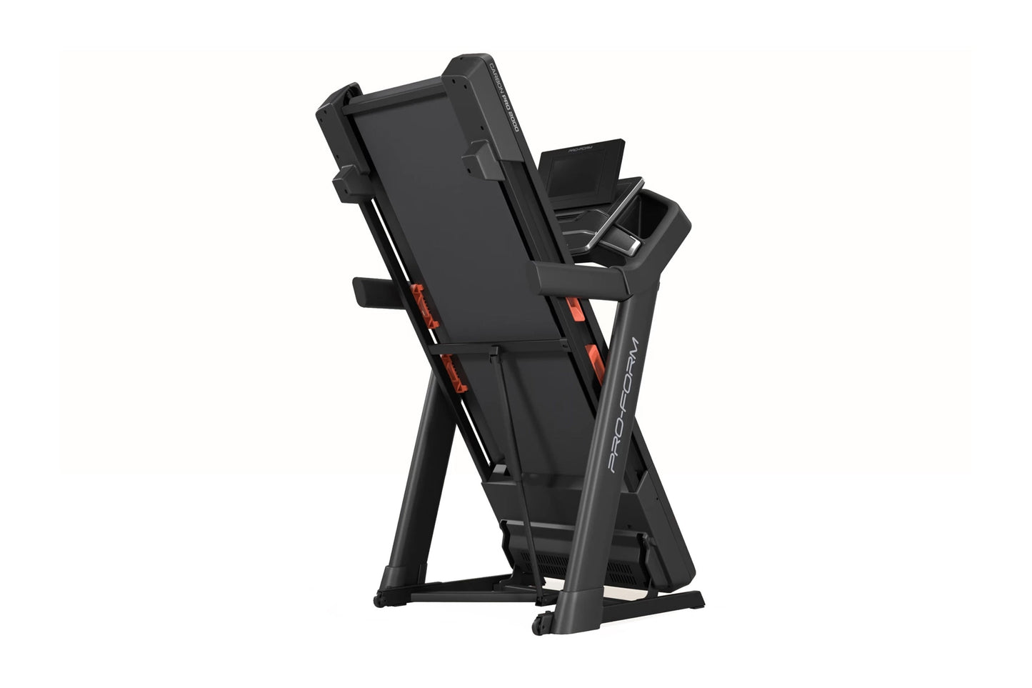 Black ProForm Carbon Pro 2000 treadmill with digital display, red accent details, and folding frame on white background