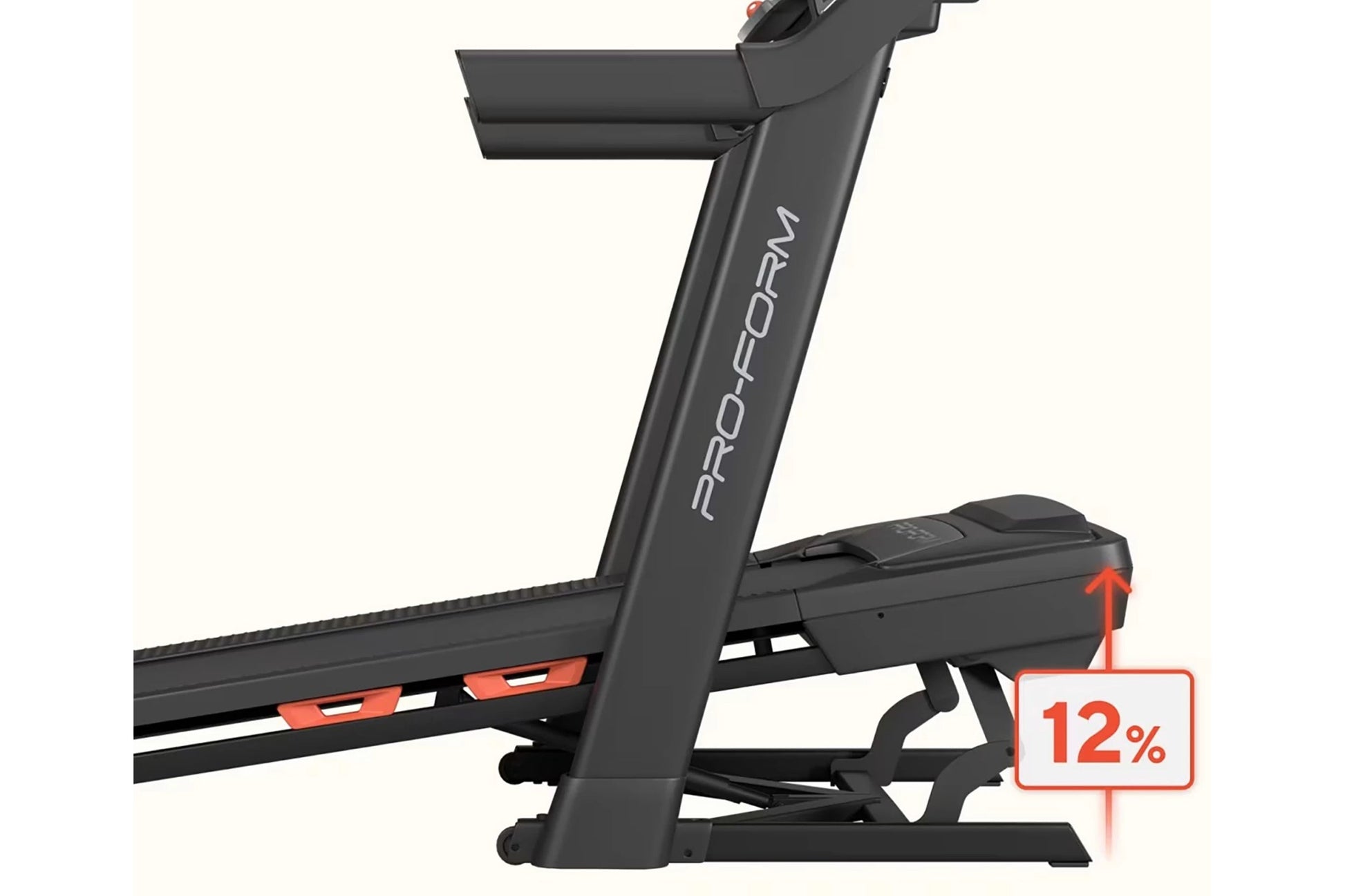 ProForm Carbon Pro 2000 black treadmill with red accents and digital display, side view on white background