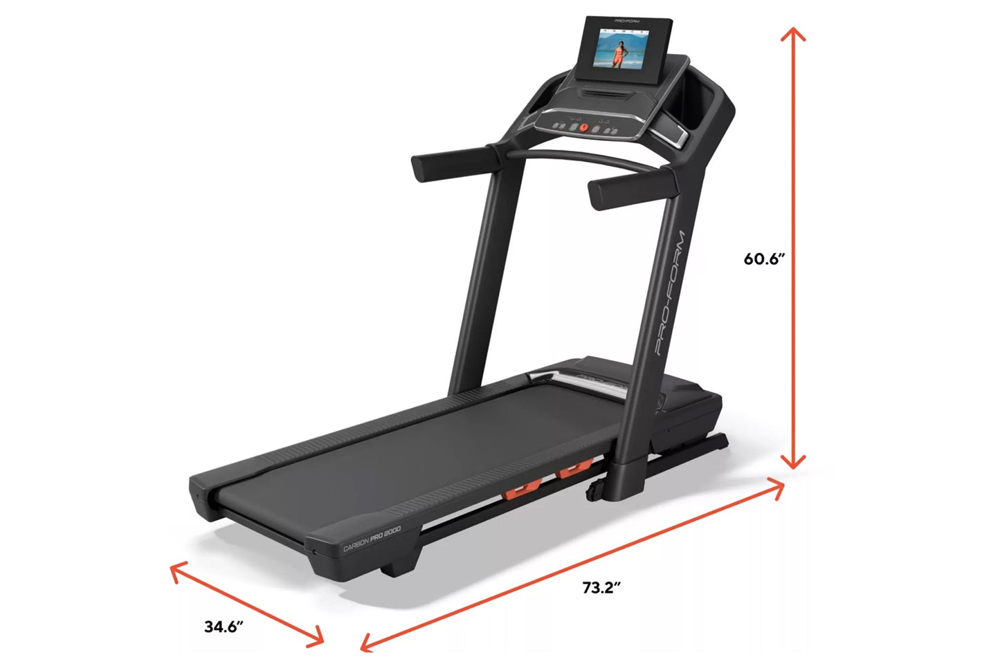 ProForm Carbon Pro 2000 treadmill with black frame, digital display screen, and cushioned running deck shown with dimensions