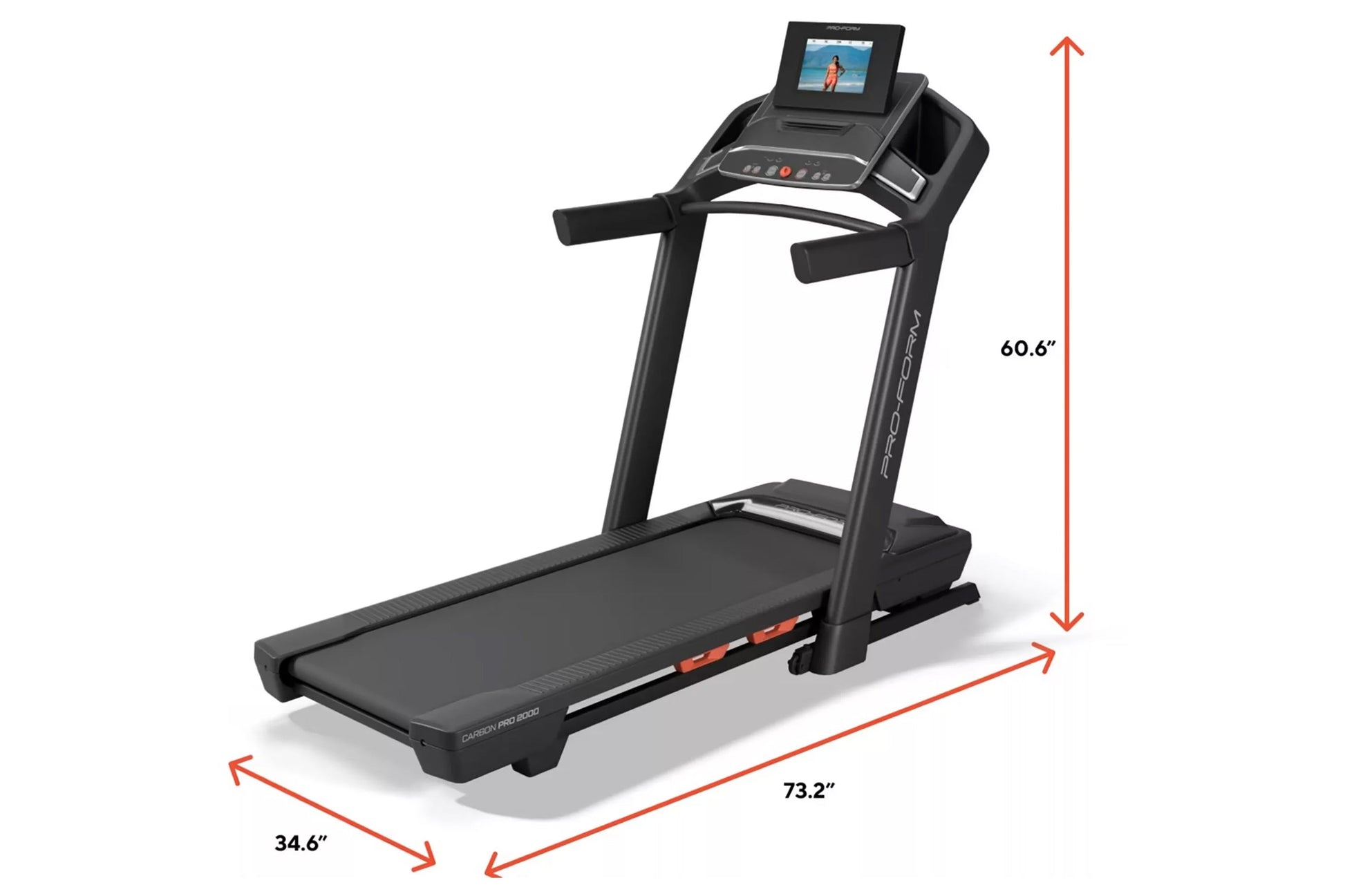 ProForm Carbon Pro 2000 treadmill with black frame, digital display screen, and cushioned running deck shown with dimensions