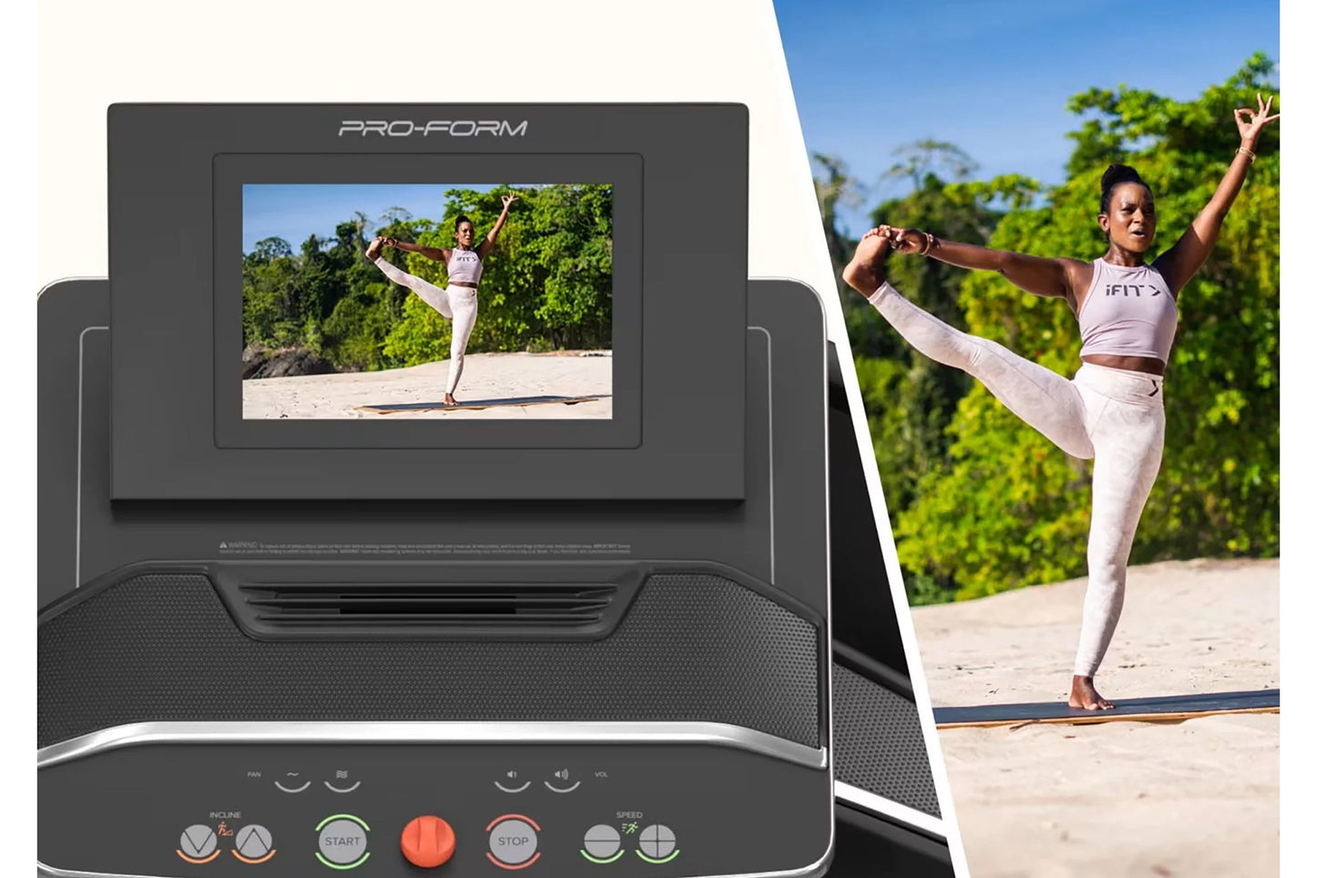 ProForm Carbon Pro 2000 treadmill with touchscreen display showing fitness video, control panel with speed and incline button