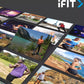 Collection of printed photos arranged on dark background displaying outdoor fitness and travel moments