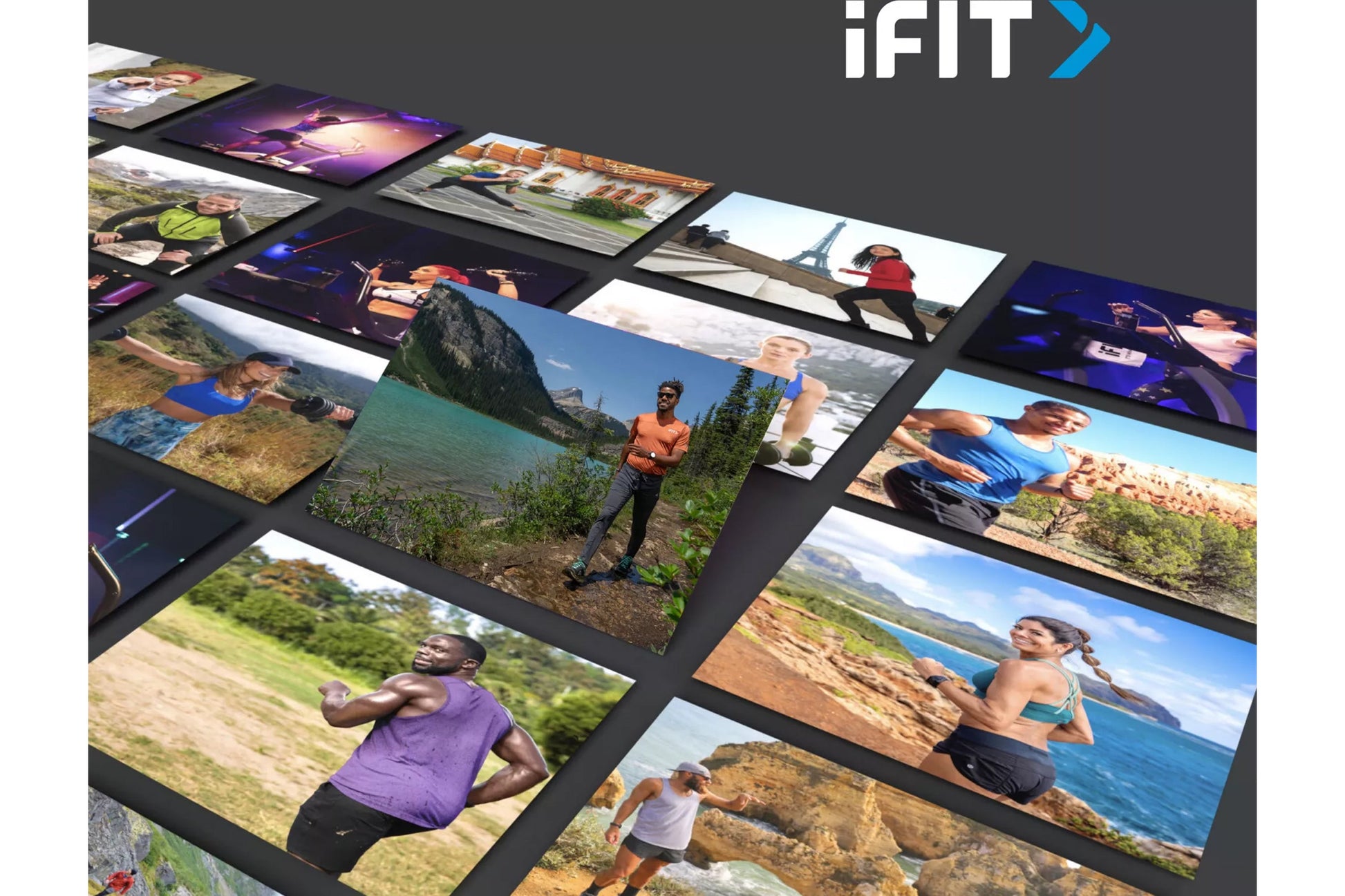 Collection of printed photos arranged on dark background displaying outdoor fitness and travel moments