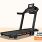 Black ProForm Carbon Pro 2000 treadmill with digital touchscreen display, cushioned running deck, and orange accent details o