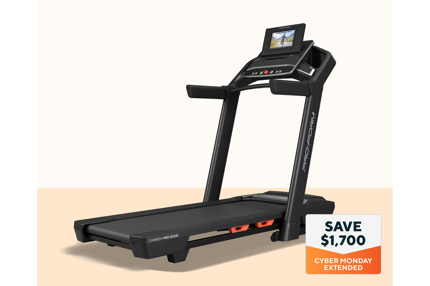 Black ProForm Carbon Pro 2000 treadmill with digital touchscreen display, cushioned running deck, and orange accent details o