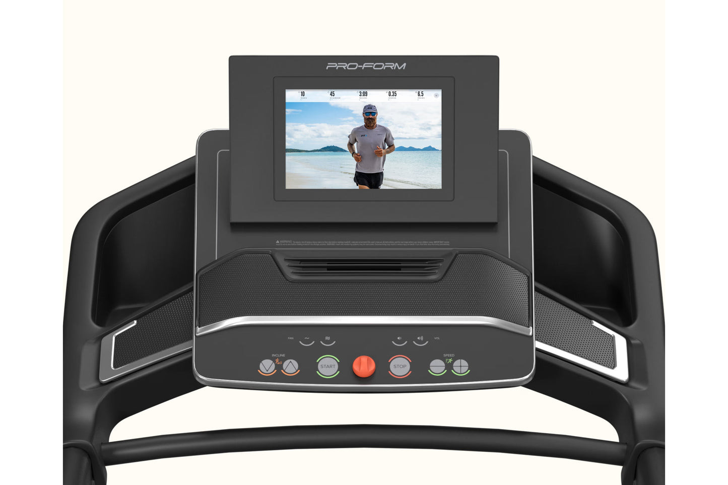 ProForm Carbon Pro 2000 treadmill with black frame, touch screen display showing workout video, and control buttons on consol