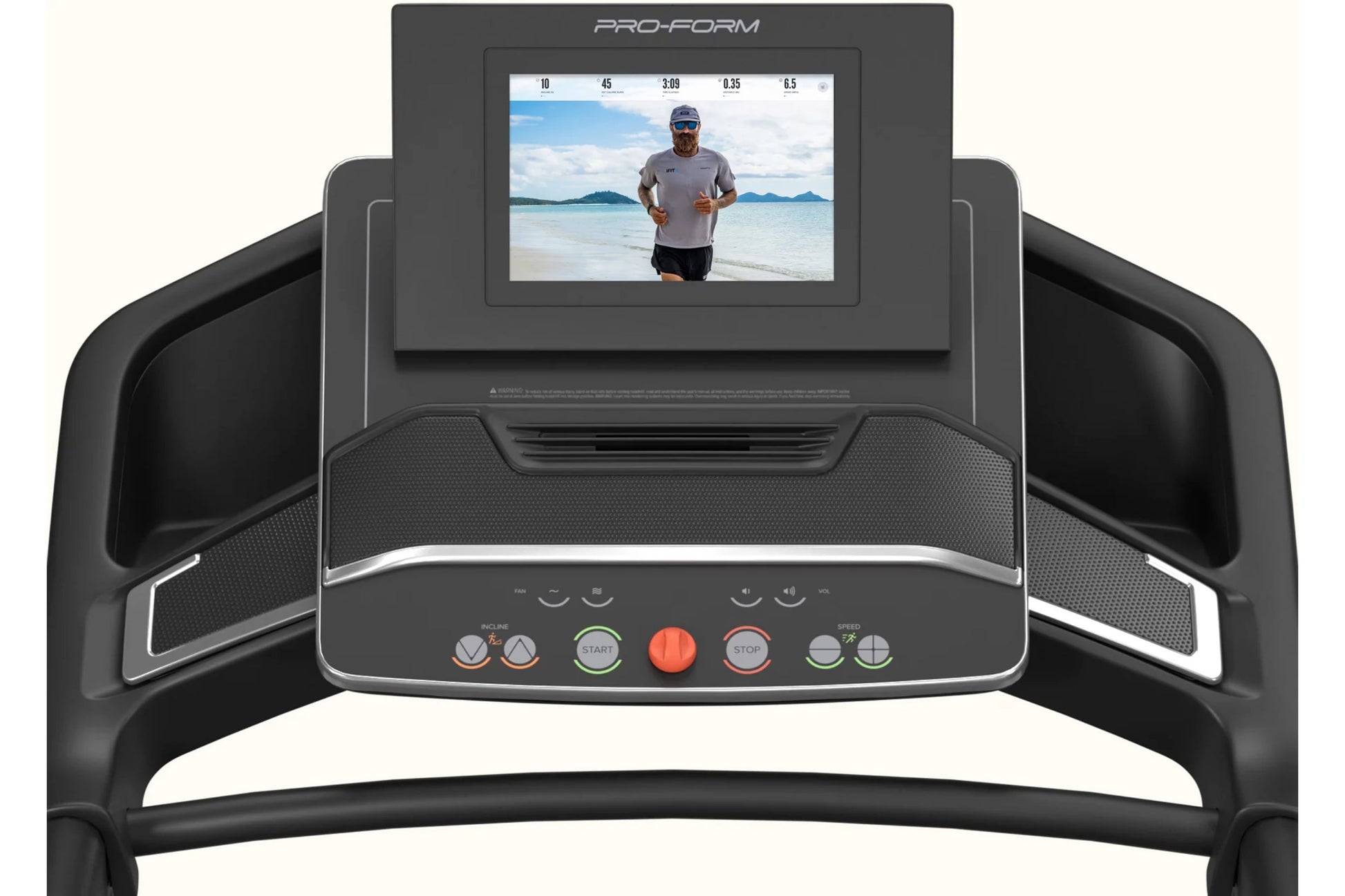 ProForm Carbon Pro 2000 treadmill with black frame, touchscreen display showing runner on beach, and control console with sta