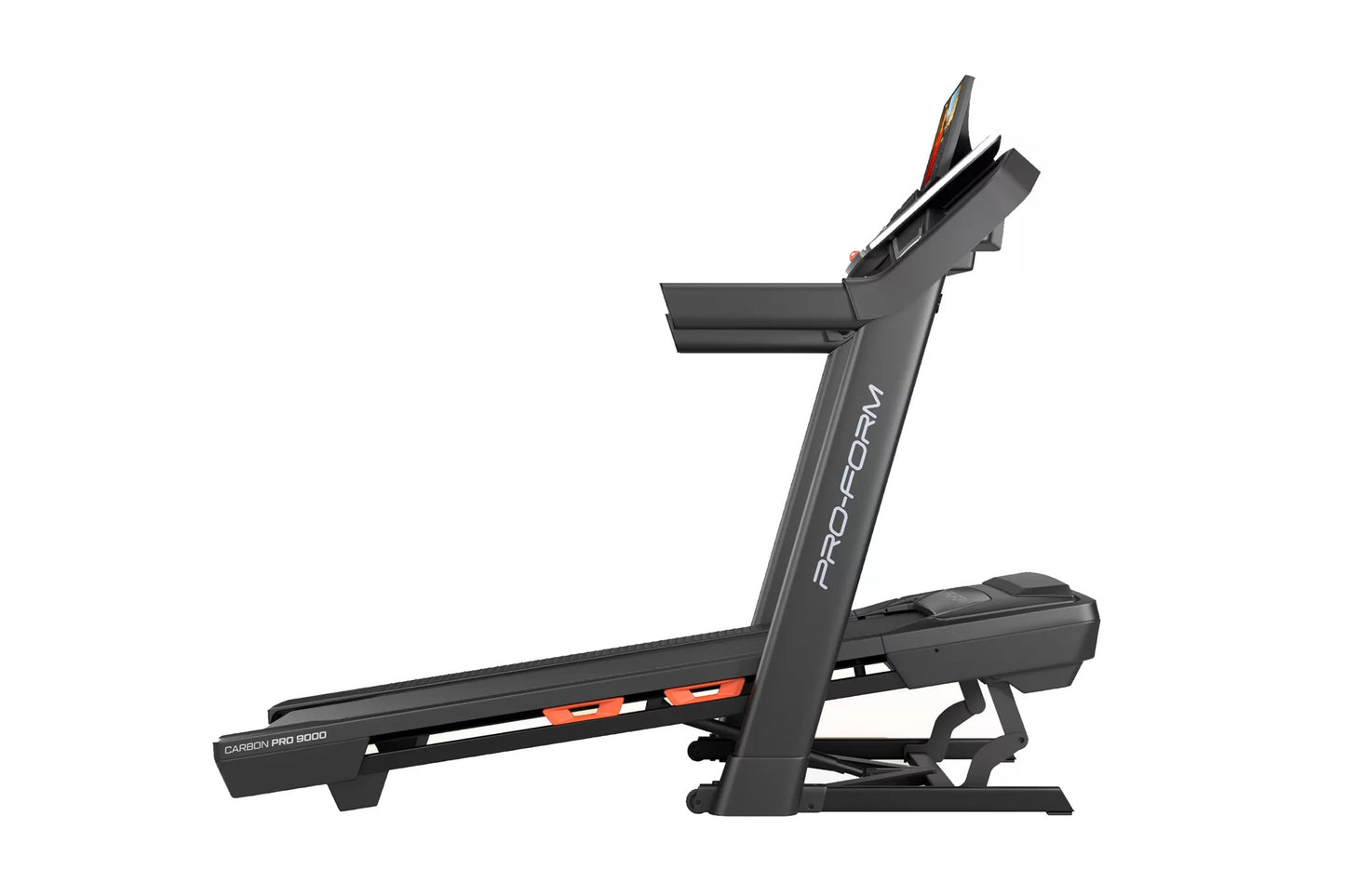 ProForm Carbon Pro 9000 treadmill with dark gray frame, orange accents, digital display console, and cushioned running deck o