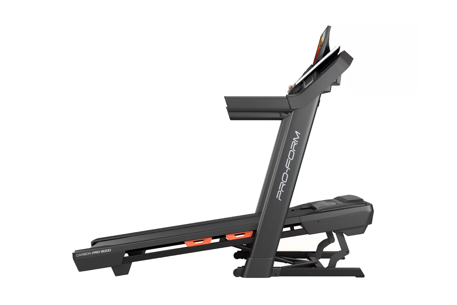 ProForm Carbon Pro 9000 treadmill with dark gray frame, orange accents, digital display console, and cushioned running deck o