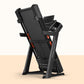 Black ProForm Carbon Pro 9000 motorized treadmill with red accents, digital console, and storage compartments, on beige backg