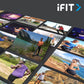 iFIT app interface displaying grid of fitness photos including outdoor running, cycling, and scenic workout locations on gray