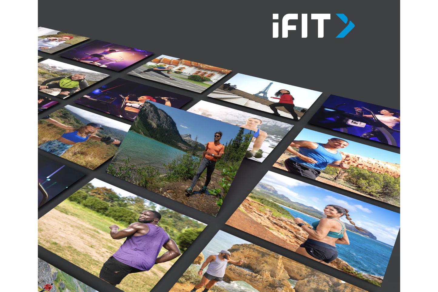 iFIT app interface displaying grid of fitness photos including outdoor running, cycling, and scenic workout locations on gray