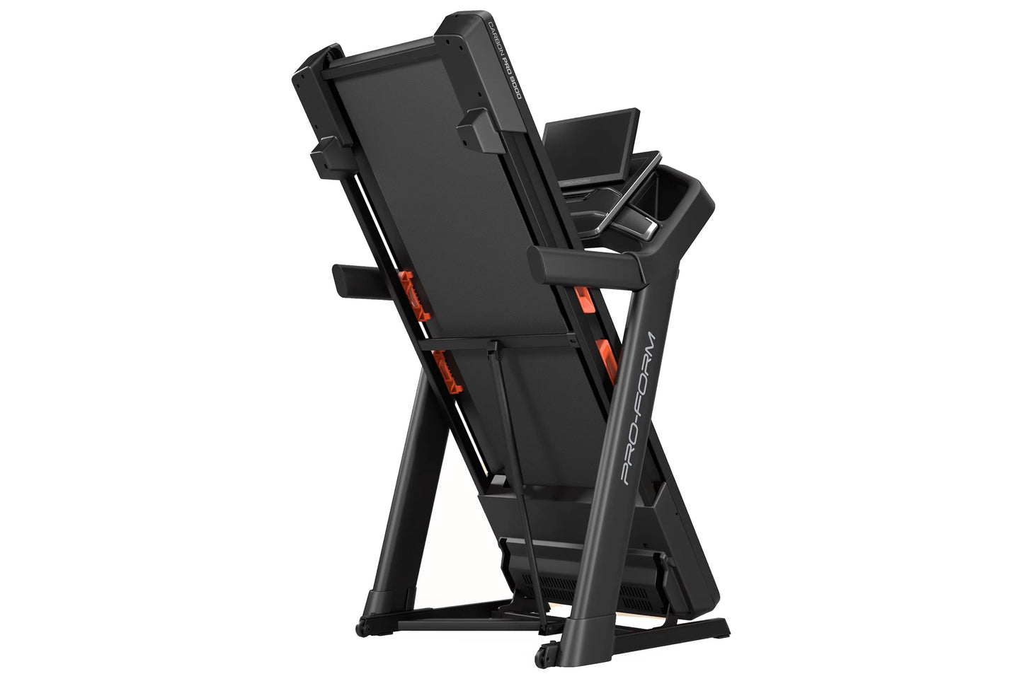 ProForm Carbon Pro 9000 treadmill with black frame, digital display console, red accent details, and folding design on white 