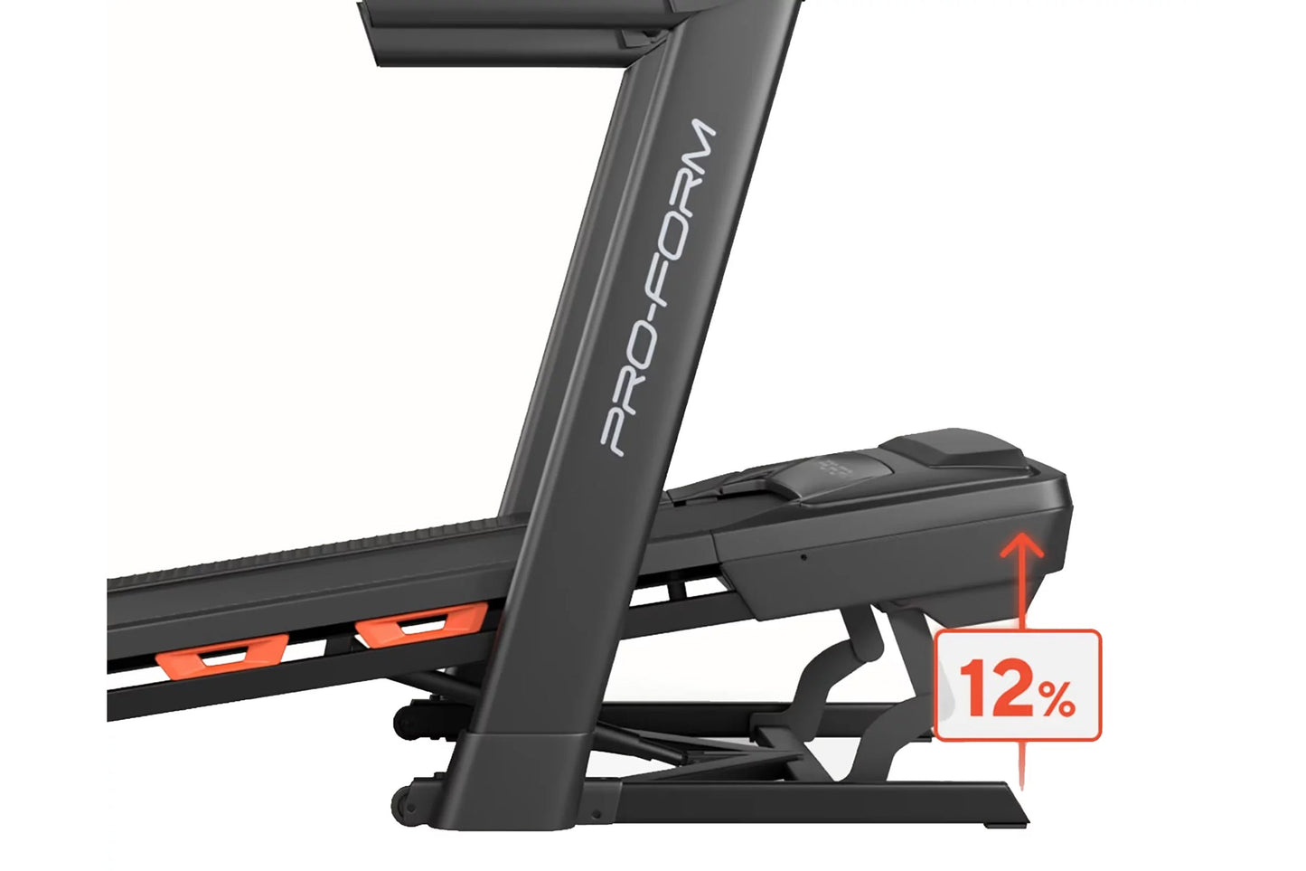 ProForm Carbon Pro 9000 treadmill with black frame, orange accents, and digital display showing 12% incline adjustment on whi