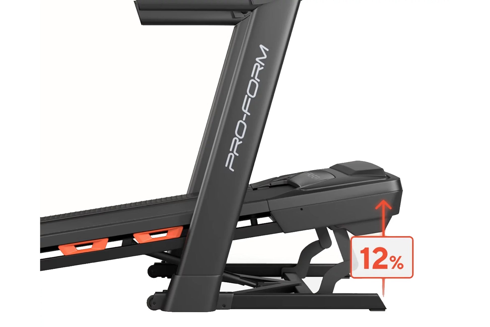 ProForm Carbon Pro 9000 treadmill with black frame, orange accents, and digital display showing 12% incline adjustment on whi