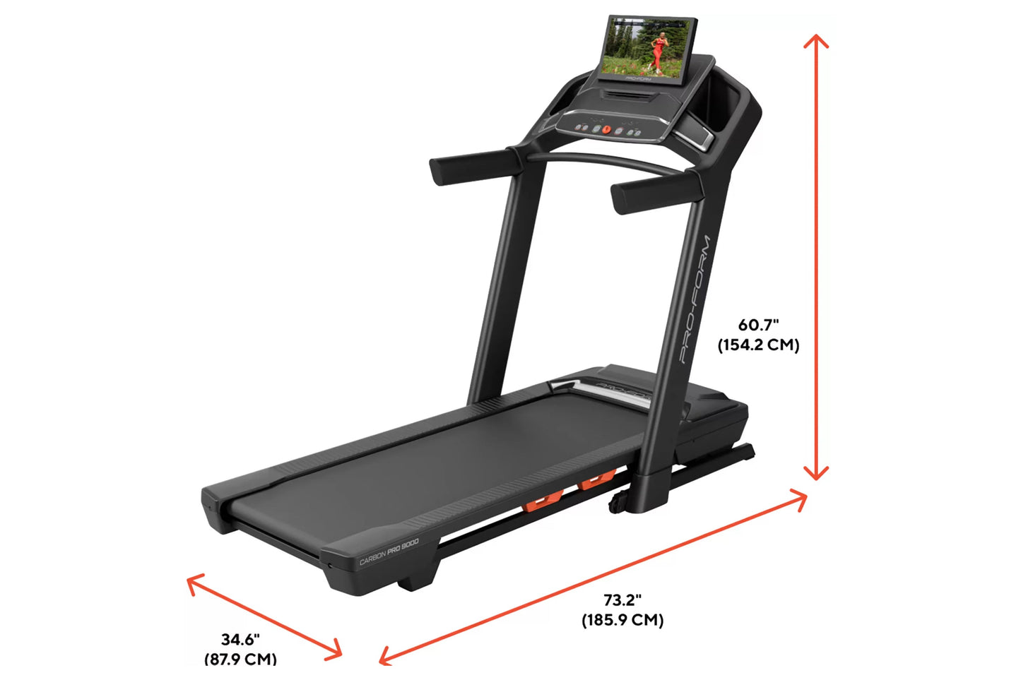 ProForm Carbon Pro 9000 black treadmill with touchscreen display showing running workout video, padded deck, and black handle